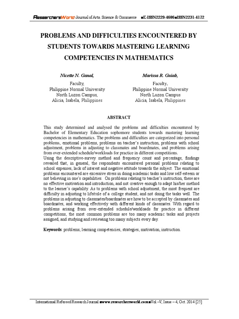 Challenges in Mastering Math Competencies | PDF | Teachers | Learning