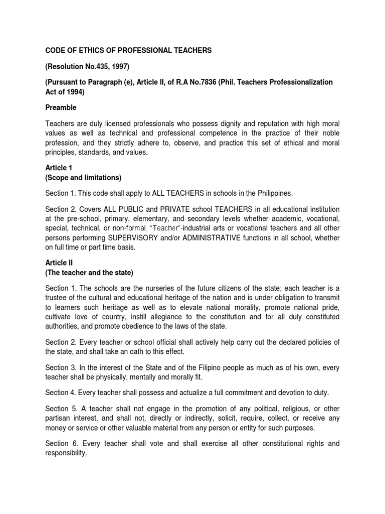 Code Of Ethics Of Professional Teachers Profession Meritocracy