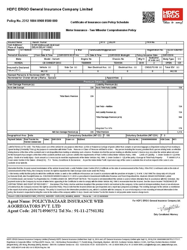 HDFC ERGO Two Wheeler Insurance Policy | PDF | Vehicle Insurance ...