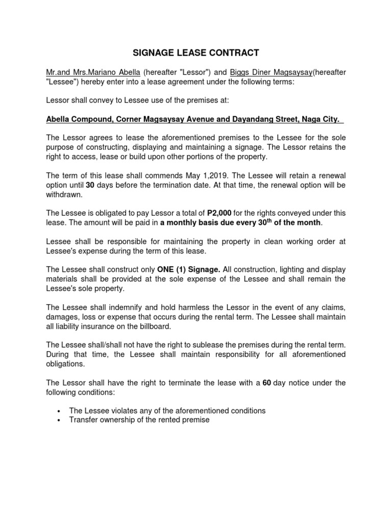 Signage Lease Contract Lease Government Information