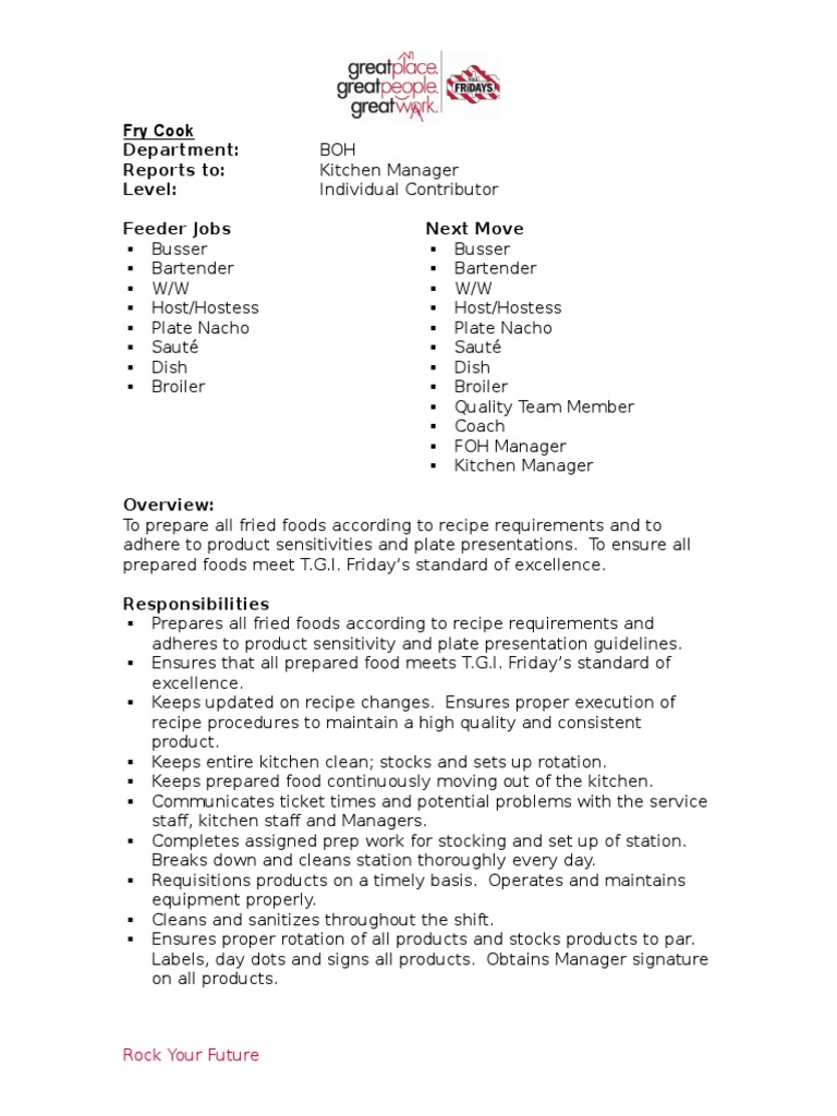 Fry Cook Department Reports To Level Feeder Jobs Next Move PDF
