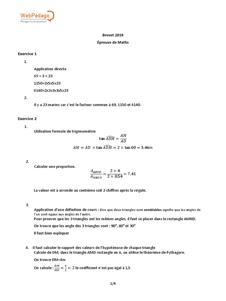 Brevet 2019 Maths Geometrie Analyse Mathematique