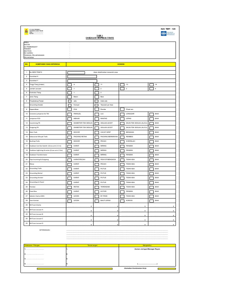 Checklist Inspeksi Trafo TIER 1 | PDF