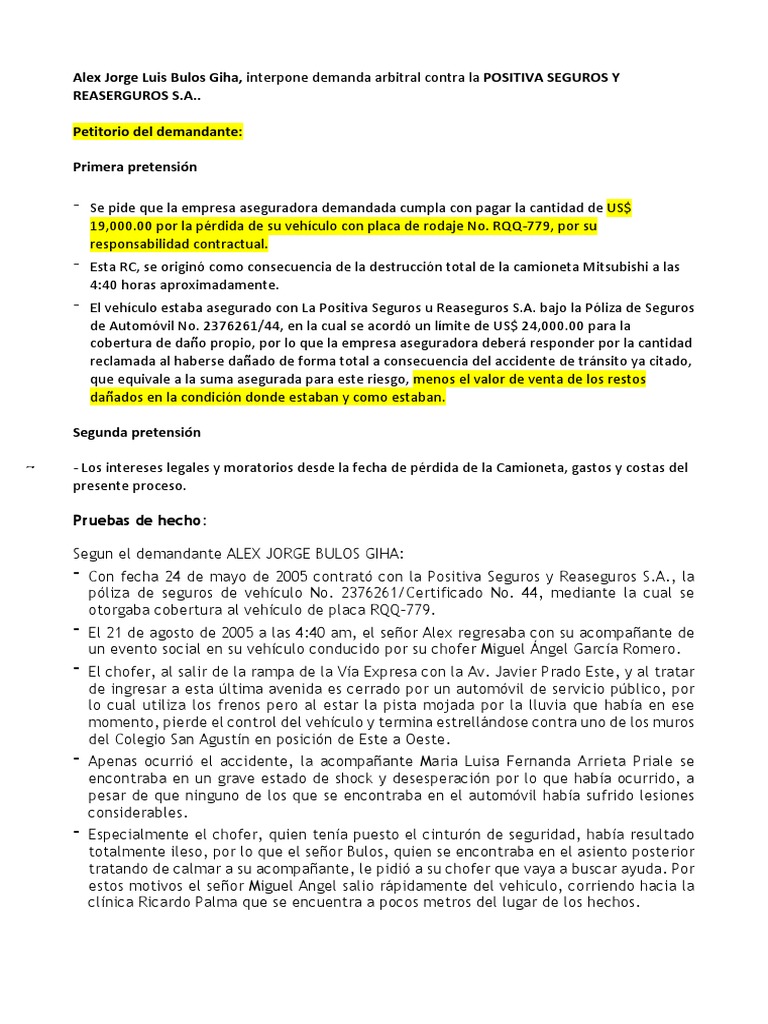 Demanda Arbitral por Seguro de Auto | PDF | Póliza de seguros | Reaseguro