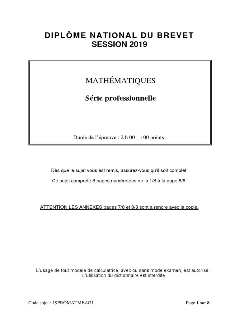 Brevet 2019 Maths Sujet Et Corrigé Pdf Dnb19 Mathematiques Serie Prof Metropole La Reunion Mayotte | PDF |  Enseignement des mathématiques | Science