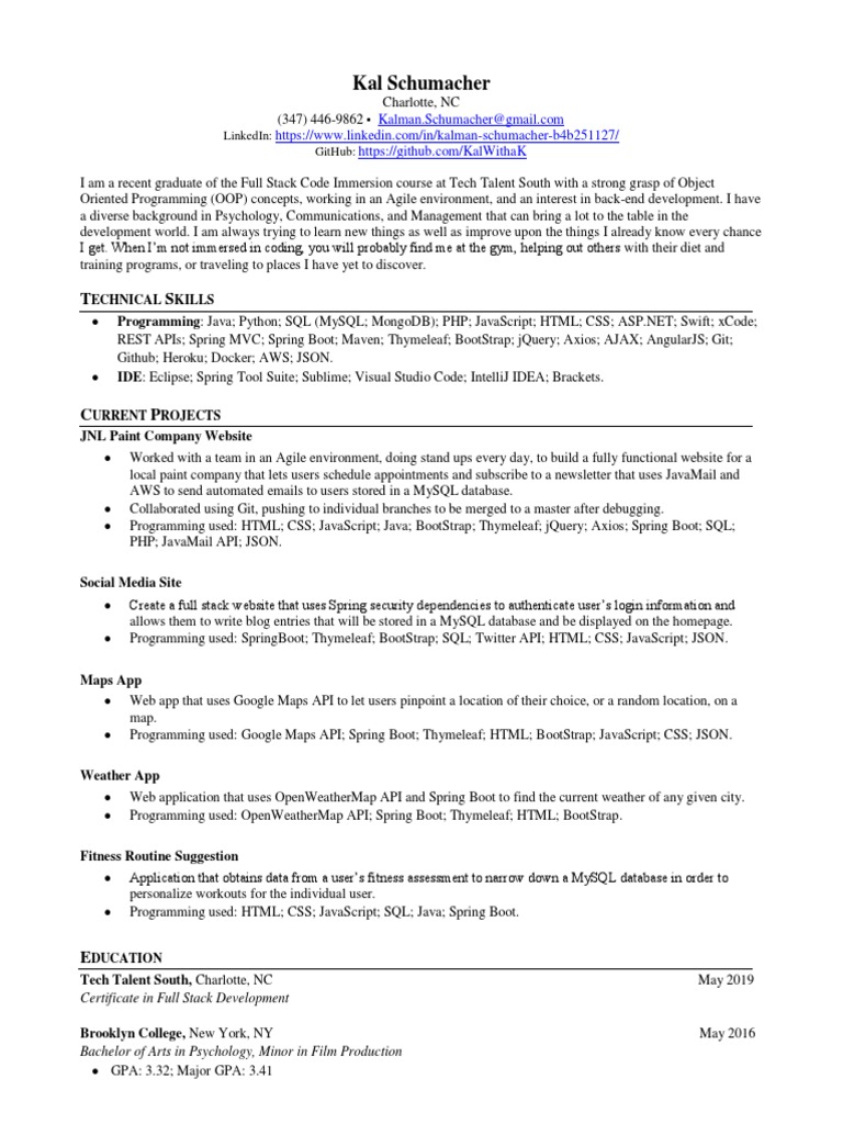 Kal Schumacher Resume  PDF  Web Application  Java Script