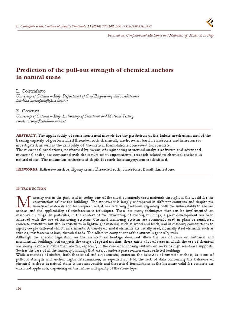 Prediction of The PullOut Strength of Chemical Anchors in Natural Stone Download Free PDF