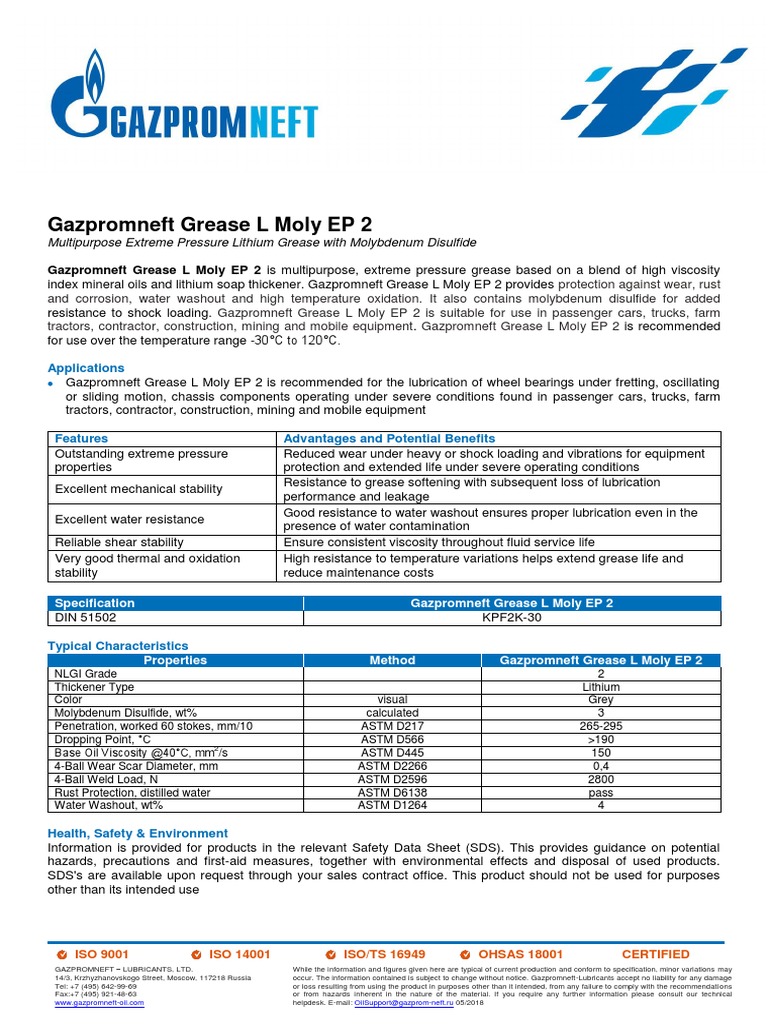 Gazpromneft Grease L Moly EP 2 - Eng Ficha Tecnica | PDF | Materials ...