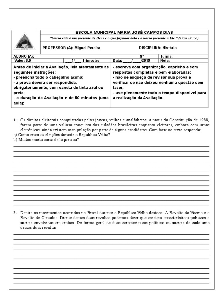 Avaliação sobre a República Velha 9º Ano | PDF | República | Brasil