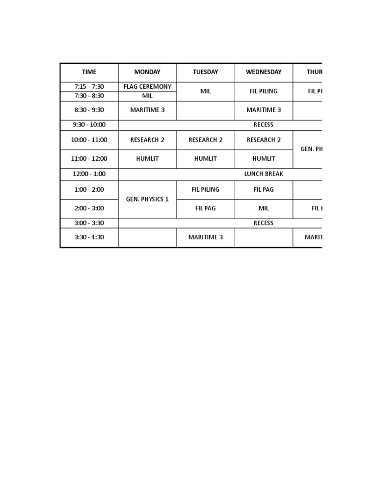 Weekly Class Schedule Overview | PDF | Social Science | Wellness