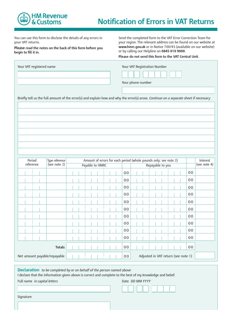 VAT+652+ +Notification+of+Errors+in+VAT+Returns | Value Added Tax | Taxes