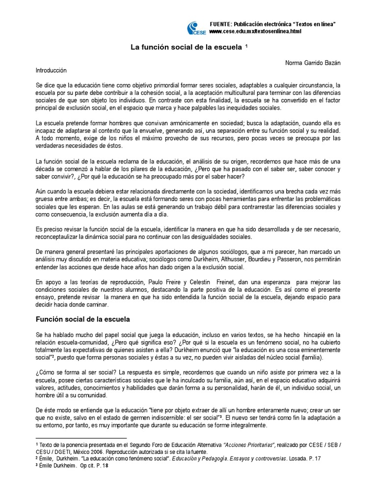 Función social de la escuela y exclusión | PDF | Desigualdad social ...