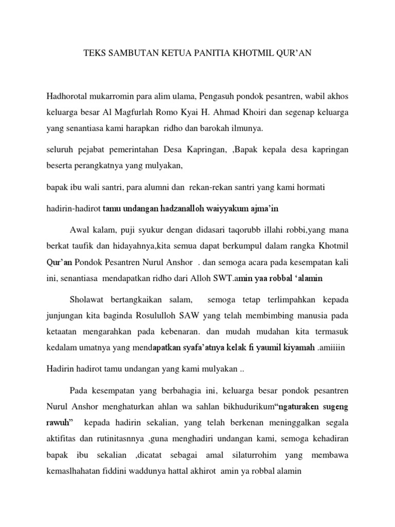 Teks Sambutan Ketua Panitia Khotmil Qur An 2019 Nurul Anshor