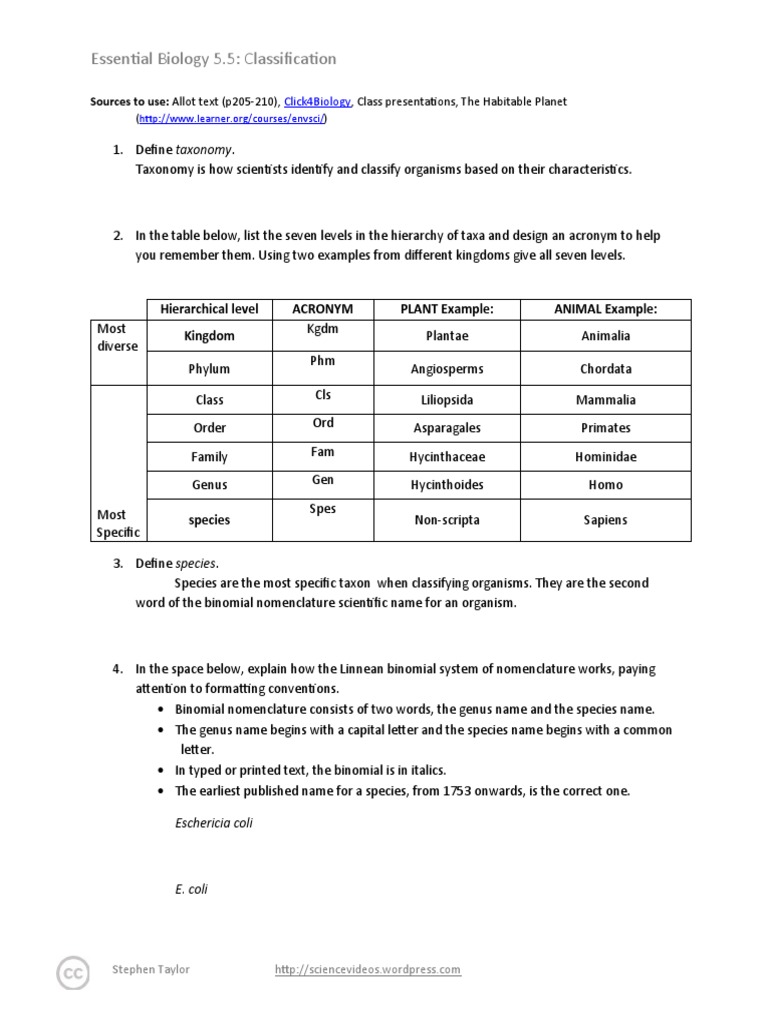 worksheet Classifying Organisms Worksheet yacomine essentialbiology05 5 classification