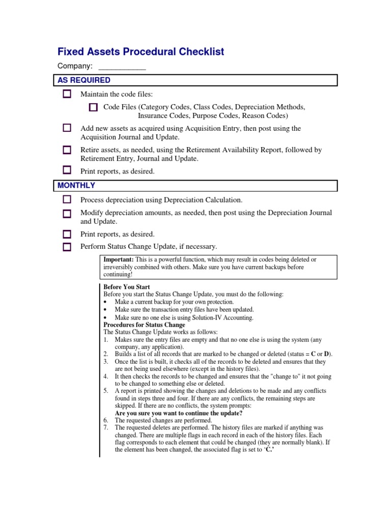 FA Procedural Checklist | PDF | Depreciation | Backup