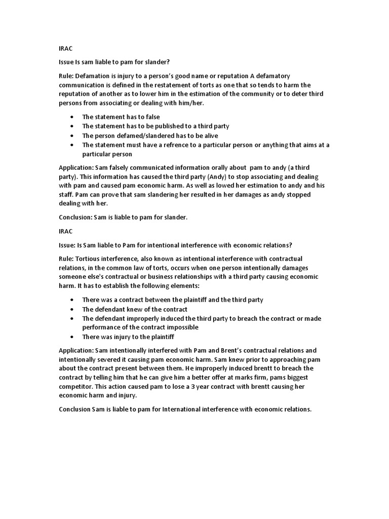 irac 4.docx Tortious Interference Defamation Free 30day Trial