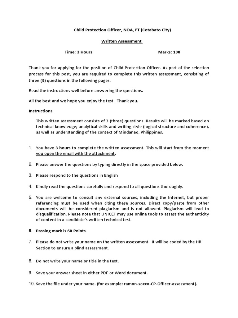 Formatted Written Test Child Protection Officer (Adolescents Focus) NOA