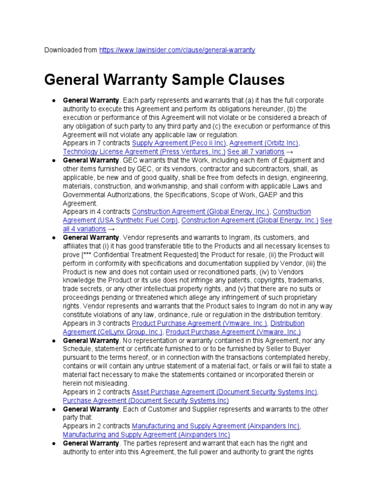 General Warranty Sample Clauses PDF Security Interest License