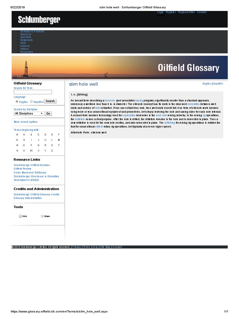 Slim Hole Well Schlumberger Oilfield Glossary PDF Drilling Rig