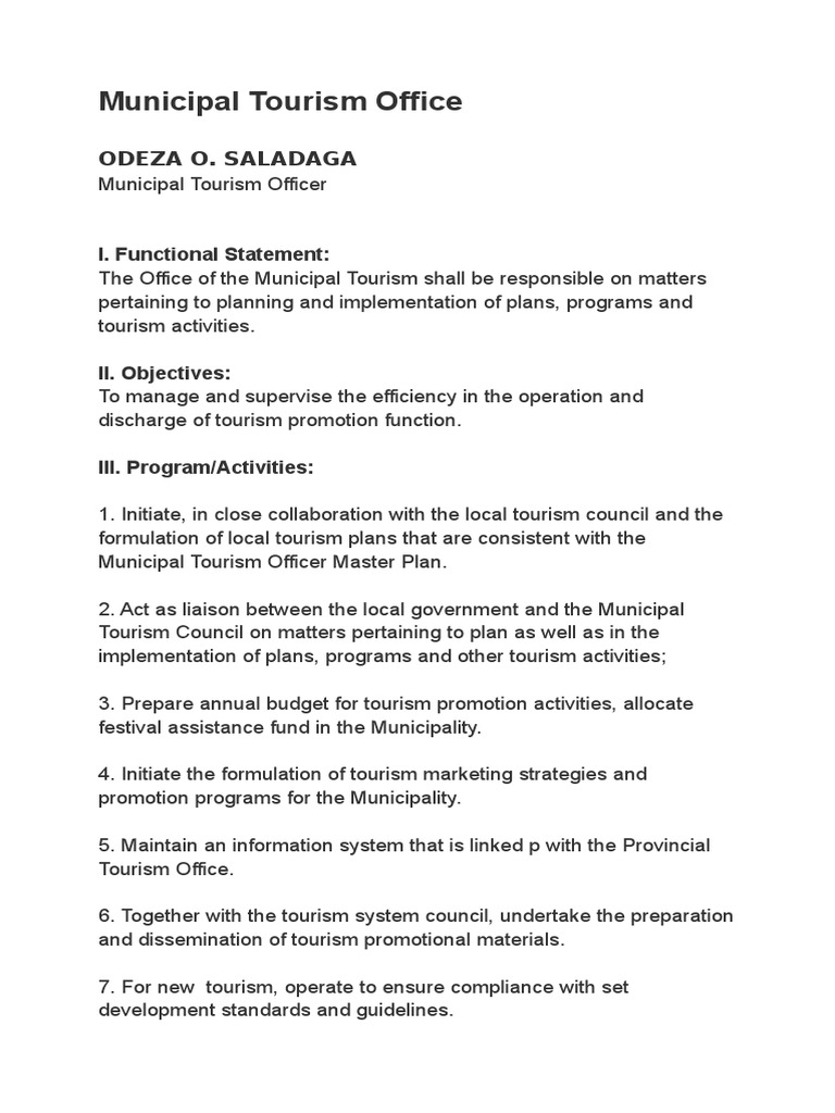 Municipal Tourism Office Functions and Goals | PDF