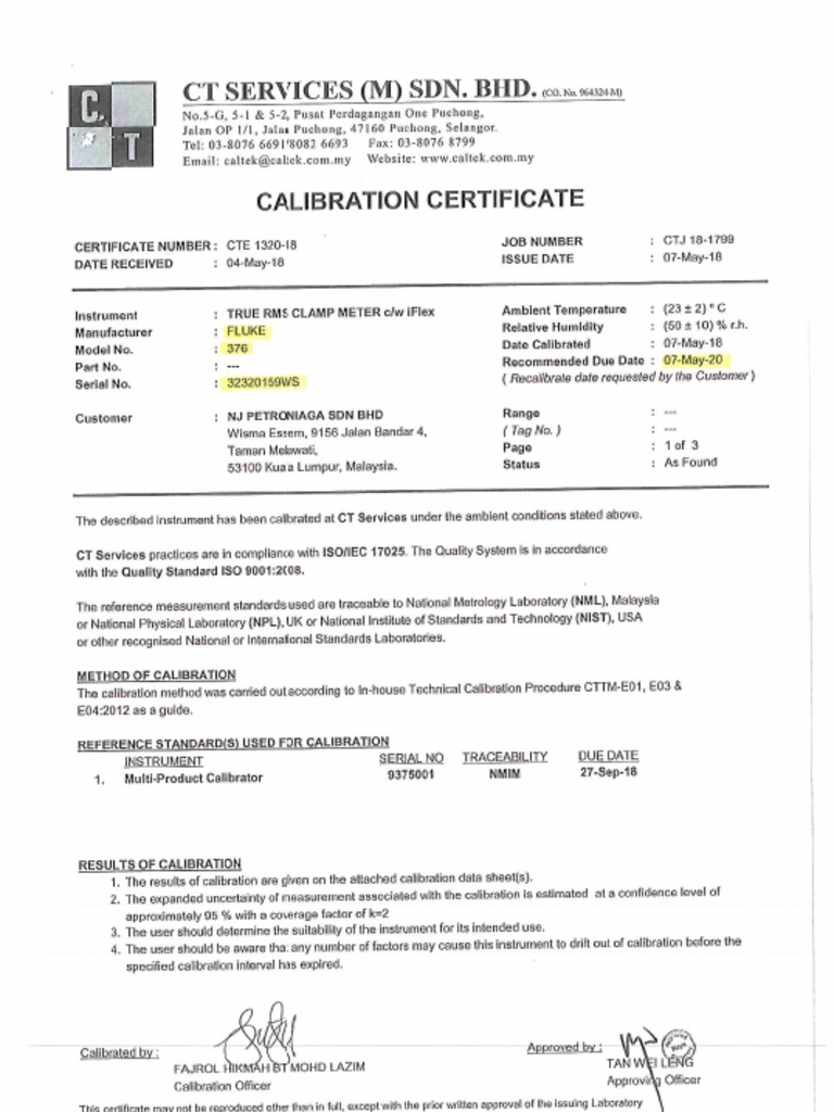 Clamp Meter Calibration Certificate PDF