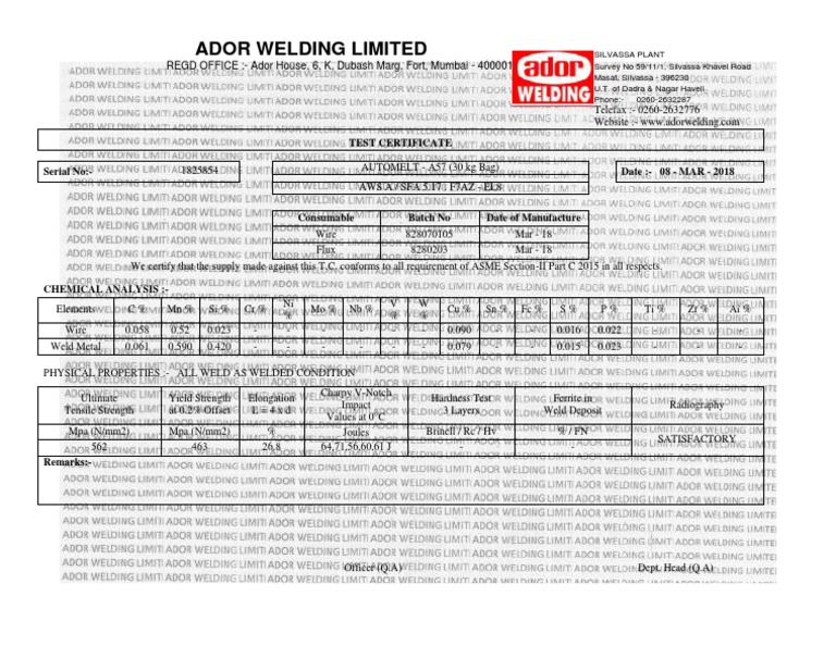 Ador Welding Limited Test Certificate PDF Building Materials