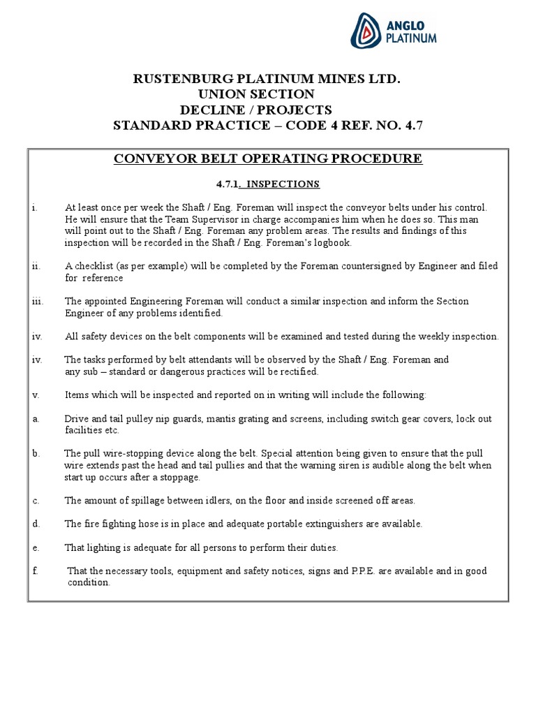 4.7 Conveyor Belt Operating Procedure PDF Belt (Mechanical) Manufactured Goods
