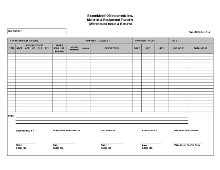 Exxonmobil Oil Indonesia Inc. Material & Equipment Transfer (Warehouse ...