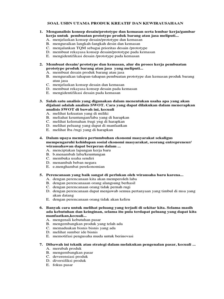 Soal Usbn Utama Produk Kreatif Dan Kewirausahaan Smk Al Manshuriyah Pdf