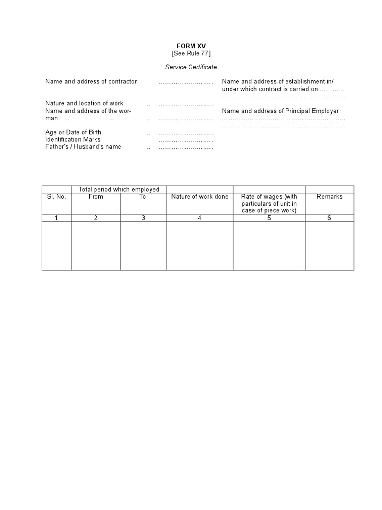 Service Certificate Form XV Template | PDF
