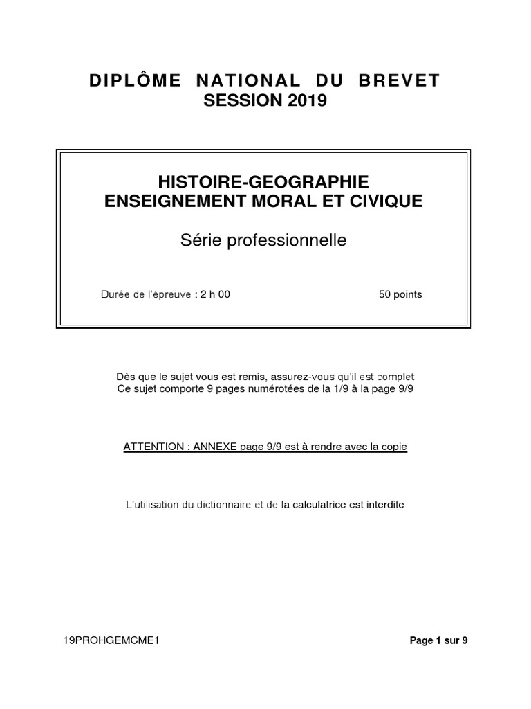 Sujet Brevet Histoire Géographie 2021 Brevet Des Collèges 2019: Les Sujets D'histoire-Géographie Série  Professionnelle | PDF | Troubles | La violence