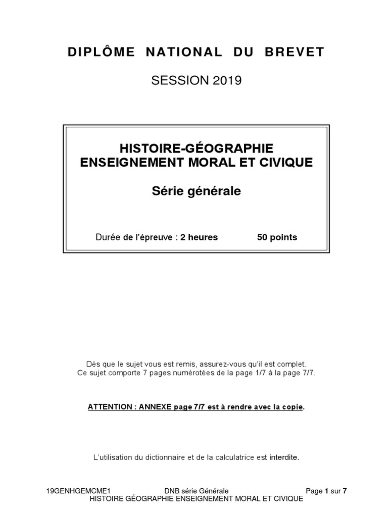 Sujet Brevet Histoire 2020 Pdf Série Générale Brevet Des Collèges 2019: Les Sujets D'histoire-Géographie Série Générale |  PDF | Troubles | La violence