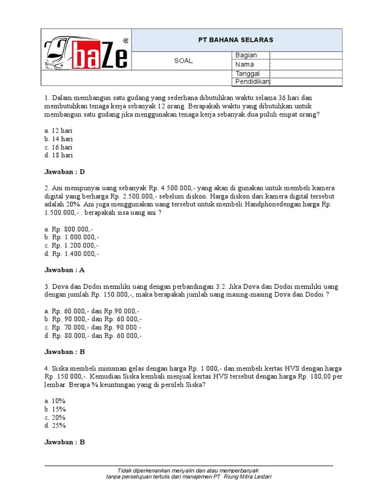 Soal Hitungan Dan Jawabannya | PDF