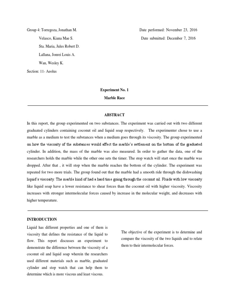 Lab Report 1 PDF Viscosity Liquids