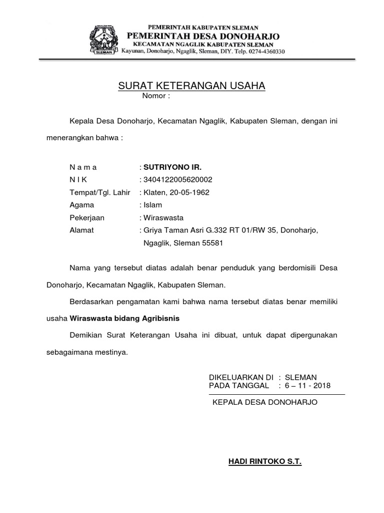 Contoh Surat Keterangan Usaha
