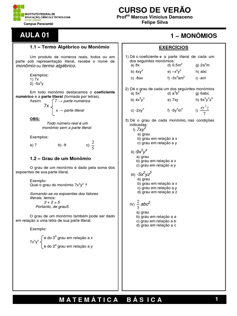 Operações com Monômios: Adição, Subtração, Multiplicação e Exercícios ...