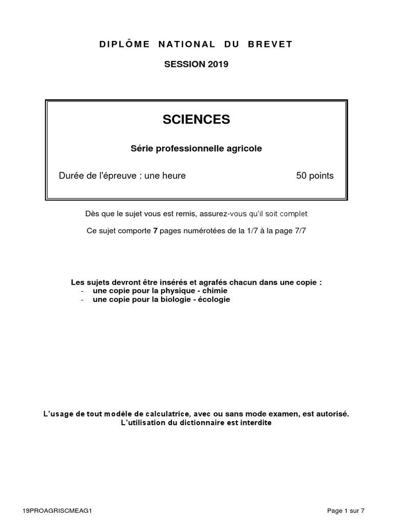 Sujet Brevet 2019 Physique chimie Avec Corrigé Pdf Brevet 2019 Sujets Sciences Serie Pro Agricole | PDF | Hydroxyde de sodium  | Substances chimiques
