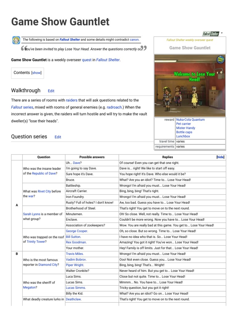Game Show Gauntlet Fallout Wiki Fandom Powered By Wikia Pdf Leisure Nature