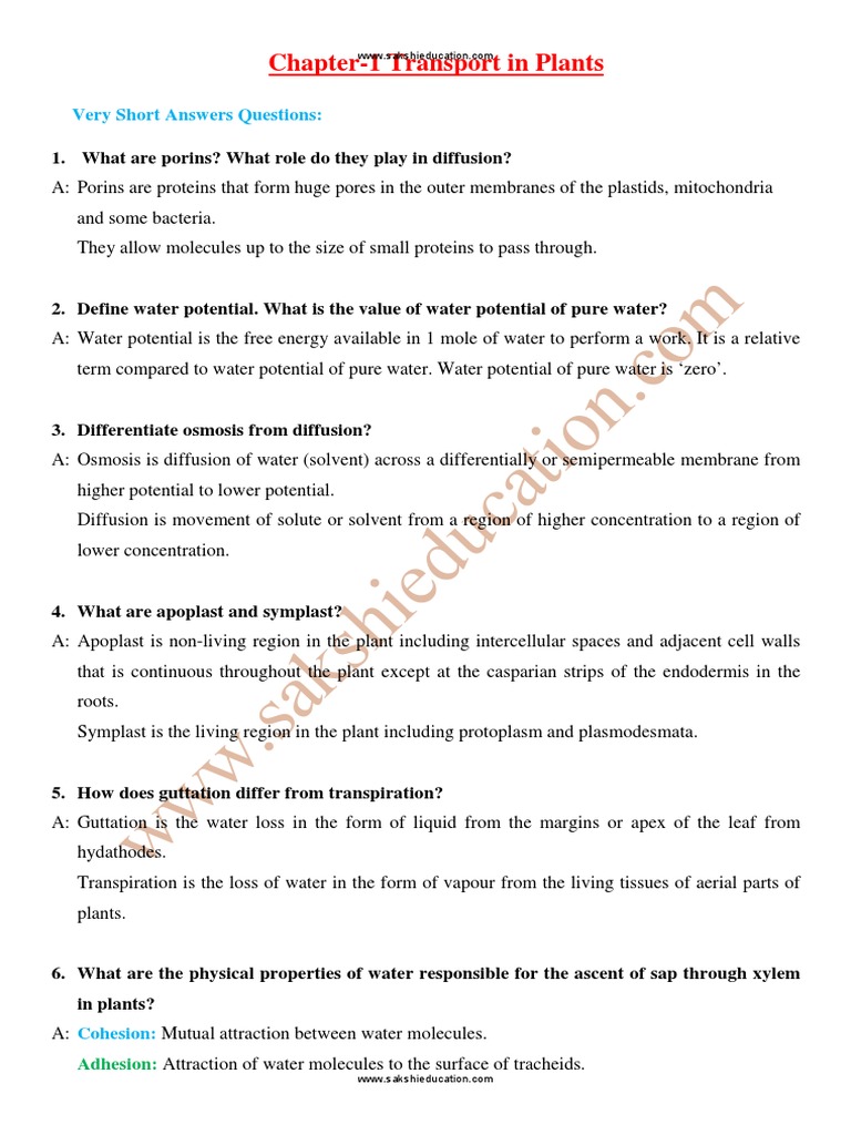 Chapter 1 Transport In Plants Very Short Answers Questions Pdf