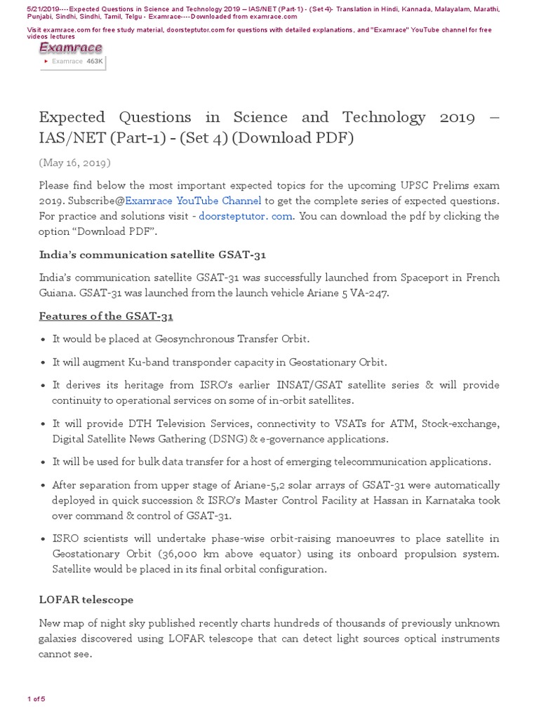 Science & Tech Questions for IAS/NET 2019 | PDF | Space Exploration | Moon