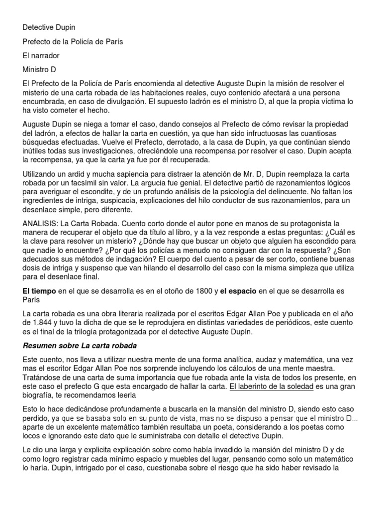 La Carta Robada Resumen PDF C. Auguste Dupin Edgar Allan Poe