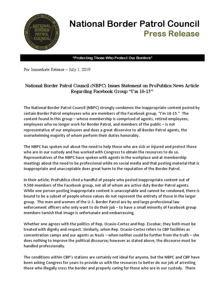 US Border Patrol Union statement on 1015 group U.S. Customs And