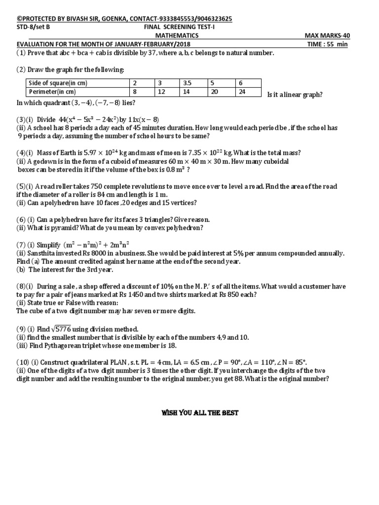 STD 8 Maths Screening Test Final | PDF | Geometry | Euclidean Geometry