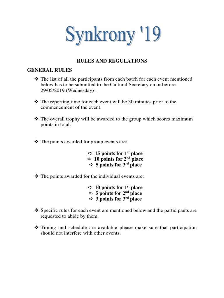 Rules and Regulations General Rules ST ND RD PDF Art Media Leisure