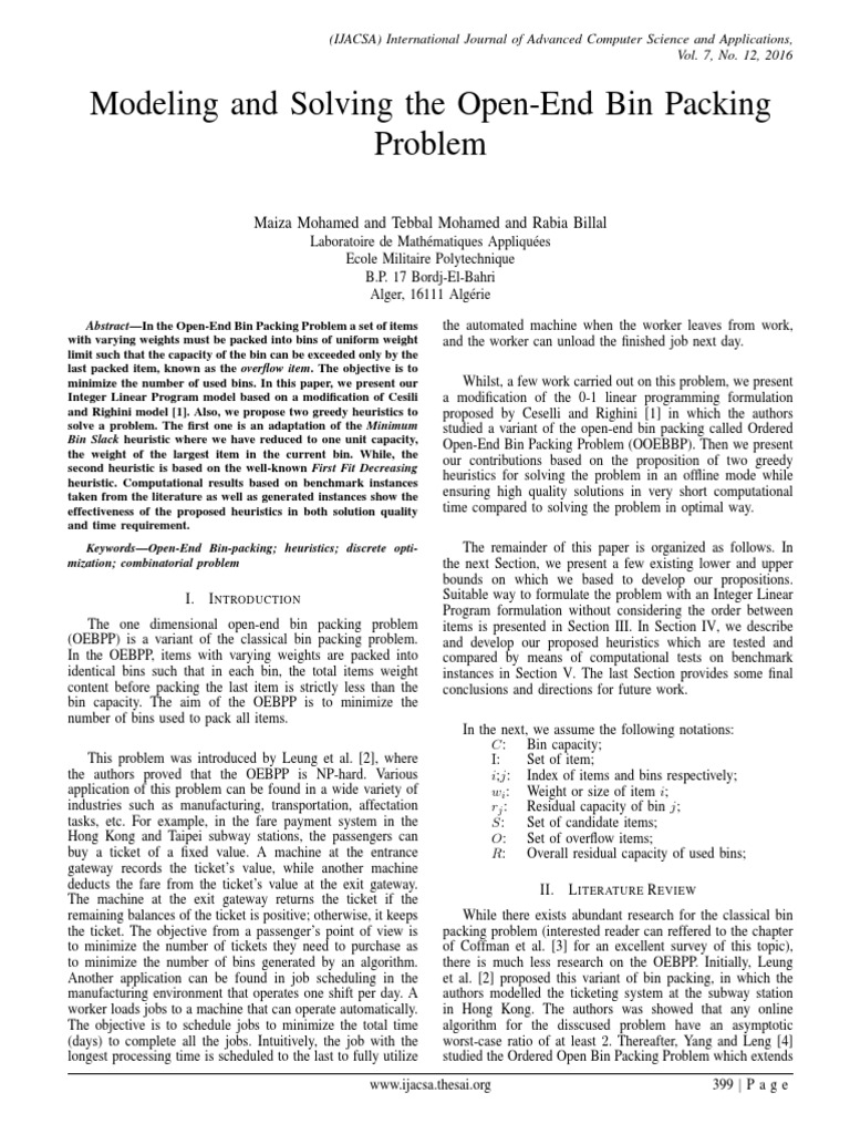 Paper 52Modeling and Solving The Open End Bin Packing PDF