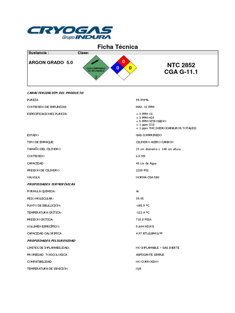 Ficha Técnica del Argón Grado 5.0 | PDF