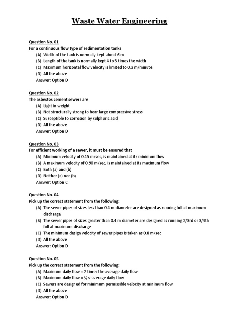 Waste Water Engineering MCQ's Sewage Treatment Sanitary Sewer