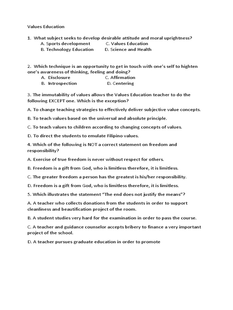 essay questions about values education