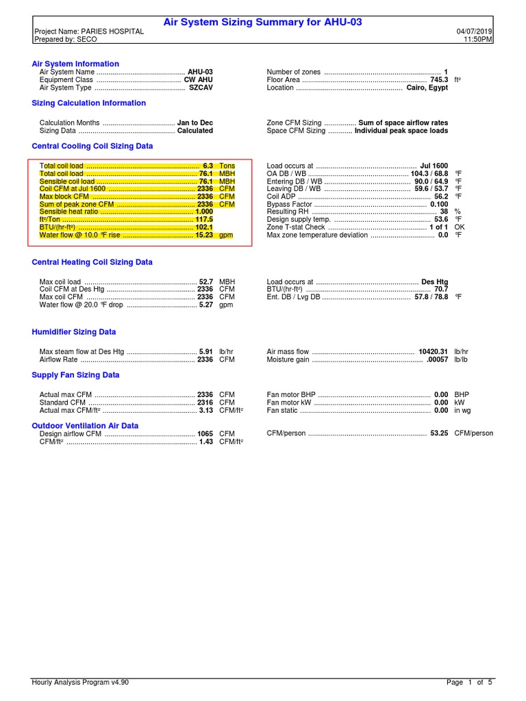 Air System Sizing Summary For AHU-03 | PDF | Hvac | Ventilation ...