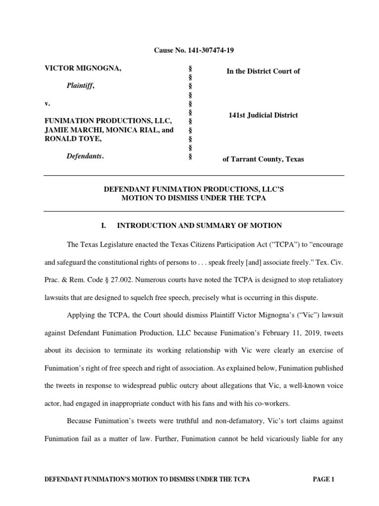 Funimation S Tcpa Motion To Dismiss Tortious Interference Tort